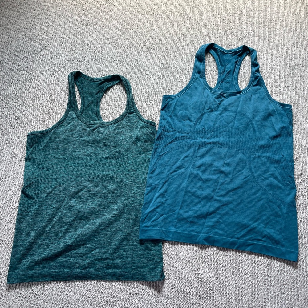 LULULEMON SWIFTLY TECH TANK TOPS- BLUE AND GREEN/BLACK PATTERN